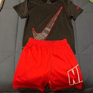 Nike Black Tee with Red Swoosh & Red Athletic Shorts
